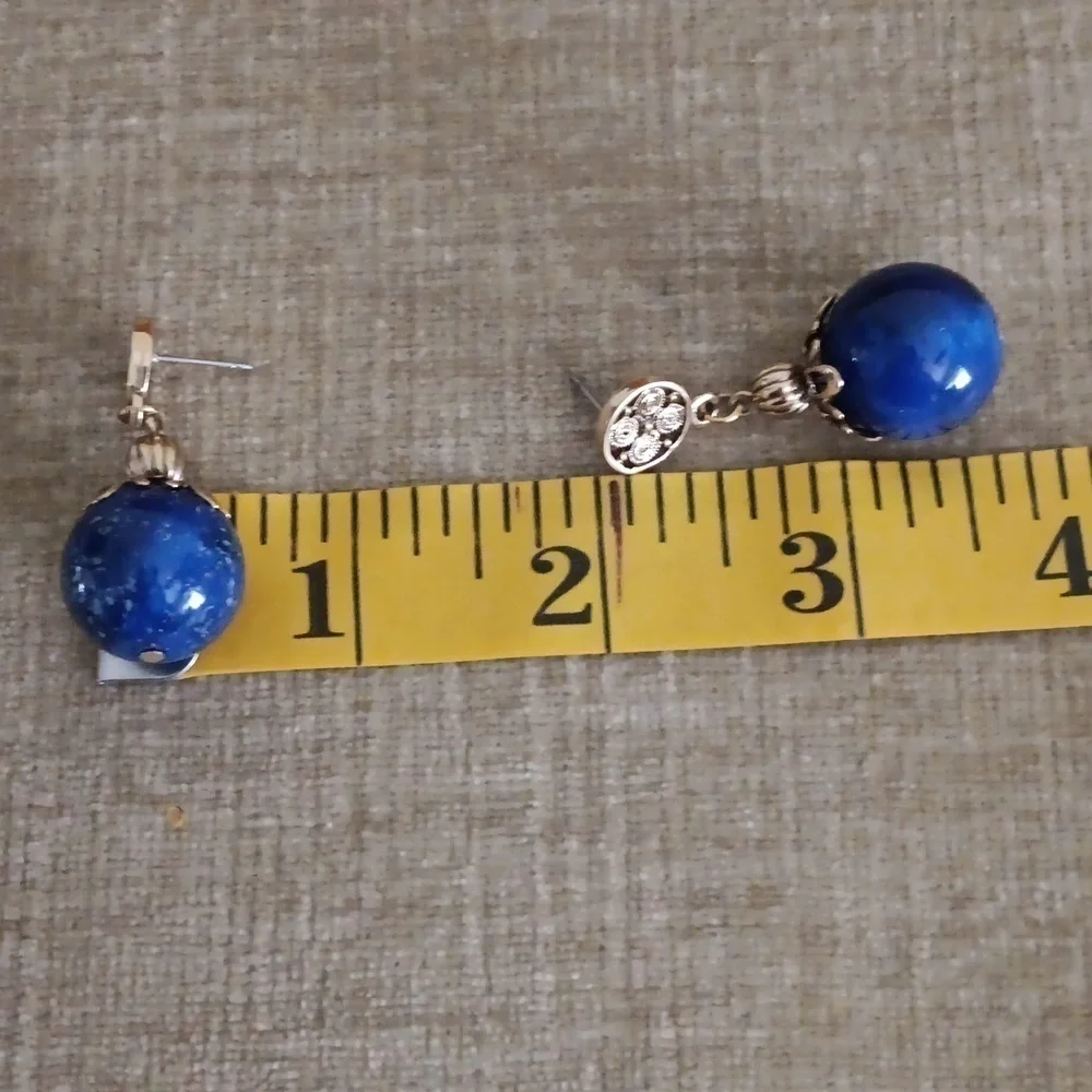 Gold Tone Faux Lapis Blue Dangle Bead Post Earrings